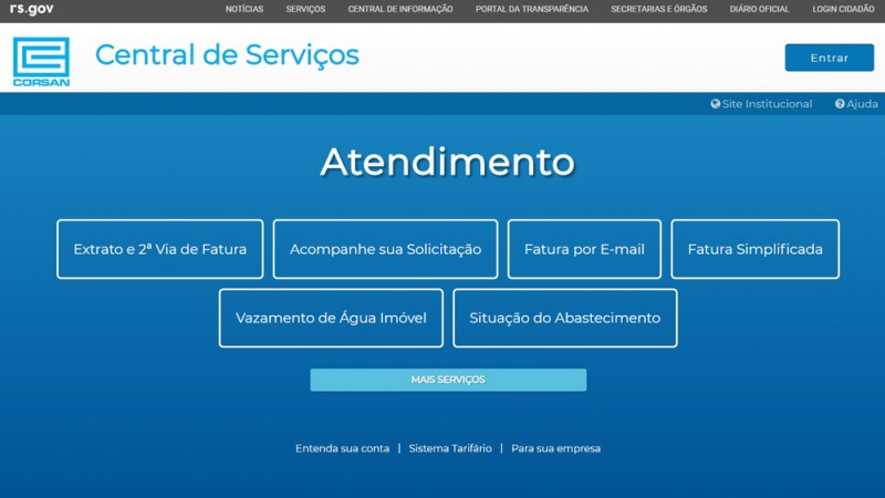 Imagem mostra um Print Screen do site da Central de Serviços da CORSAN no computador