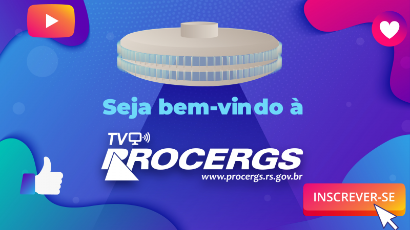 Ilustração do prédio da PROCERGS, junto aos dizeres "Seja bem-vindo à TV PROCERGS - www.procergs.rs.gov.br" e aos símbolos de play, das reações "curtir" e "amei" e do botão "inscrever-se". Fundo texturizado azul com detalhes em azul claro, roxo e rosa.